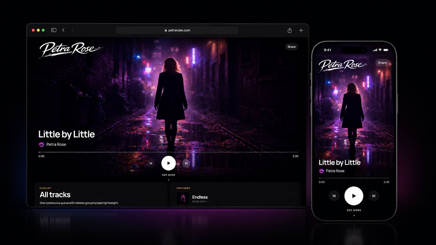 Petra Rose live player shown on desktop and mobile